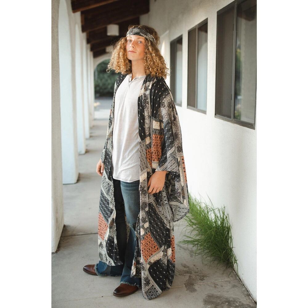 Jennafer Grace Handmade Belted Kimono Duster In Earl Grey Scarf Patchwork Boho L - Picture 4 of 11